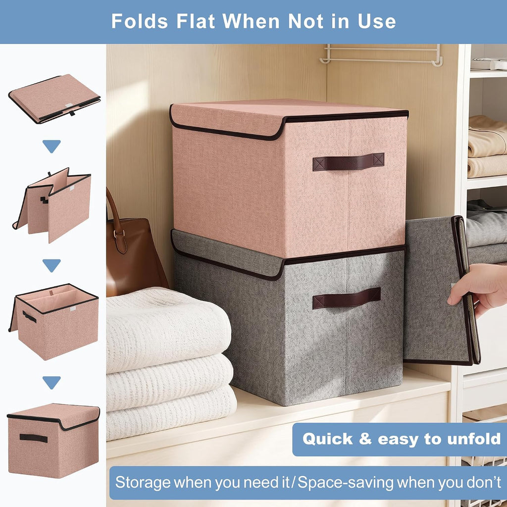 Bagnizer Linen Fabric Foldable Storage Cube Bin Organizer Basket with Flip-Top Lid & Handles, Large Clothes Blanket Box for Home, Office, Closet, Gray & Pink, 4 Pack 14.6 x 9.5 x 9.5”