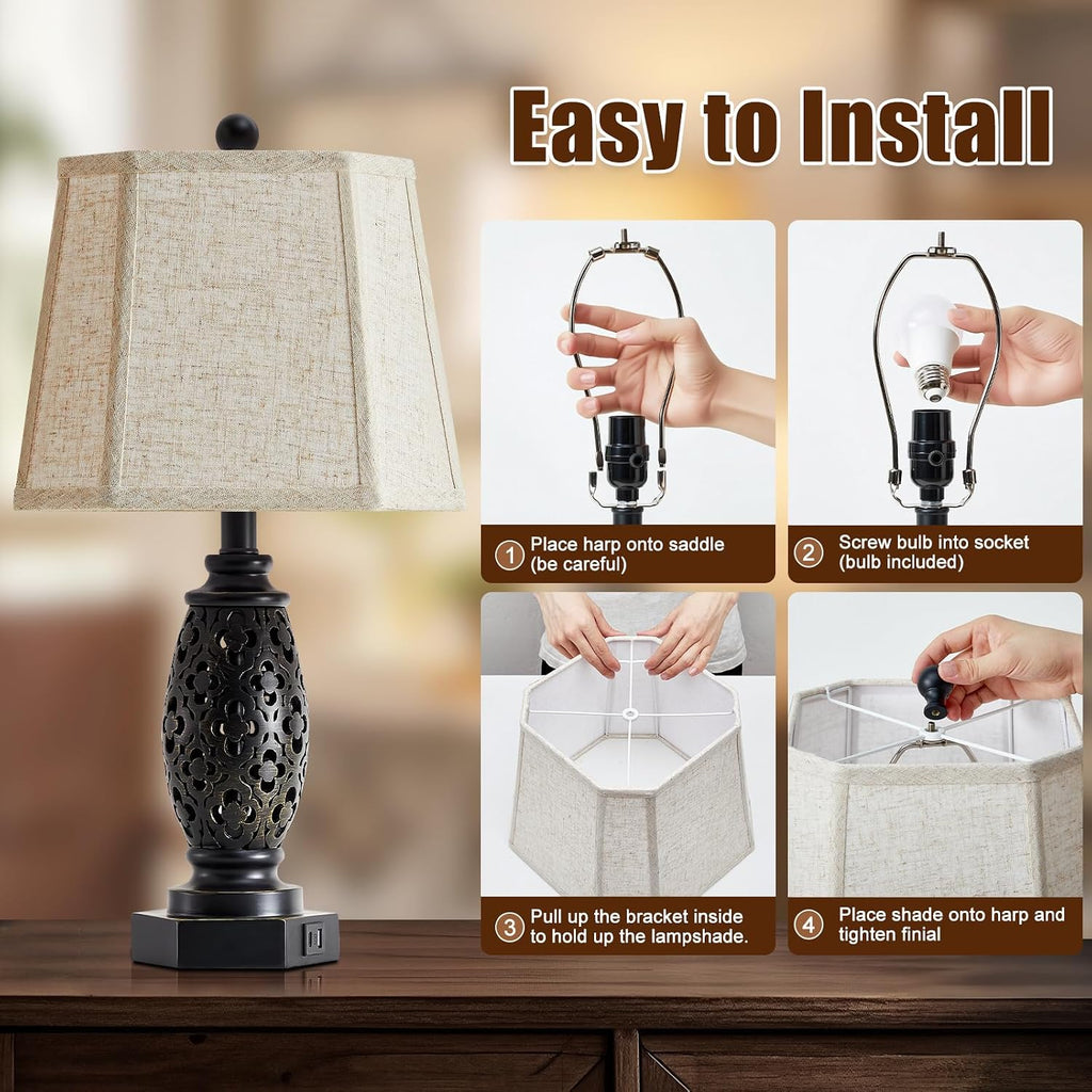 EJIAXIN Table Lamps Set of 2-23.5" Vintage Bedside Lamp with USB A+C and Nightlight - Black Carved Resin Retro Desk Lamp for Bedrooms, End Tables, Living Room, Bulbs Included