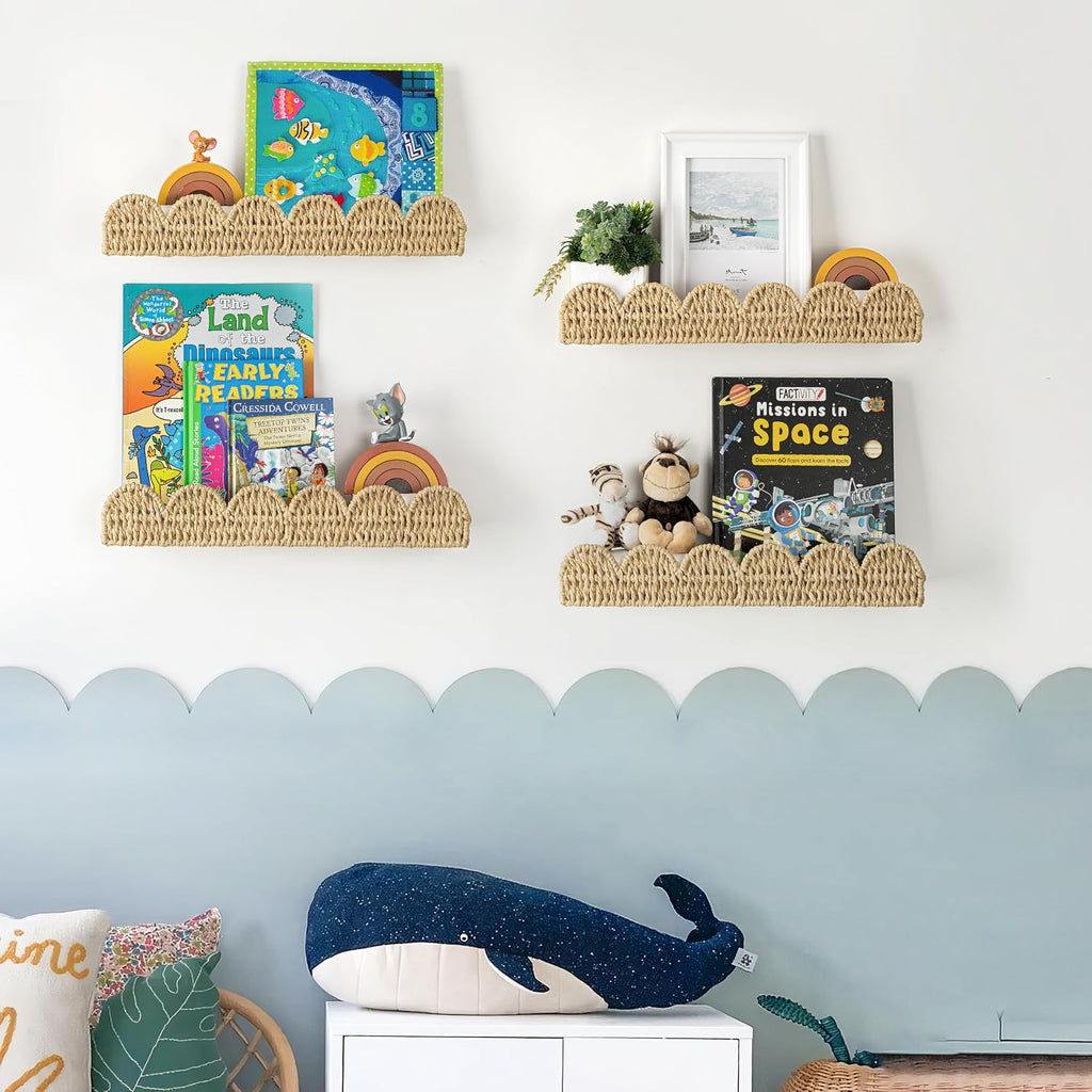 AELS Scalloped Nursery Bookshelf, Set of 4, Picture Ledge Shelf for Wall Decor, Woven Straw Paper Floating Shelves for Books, Toys, Photo Frames, Nursery, Boho Modern Farmhouse Book Shelf, Beige