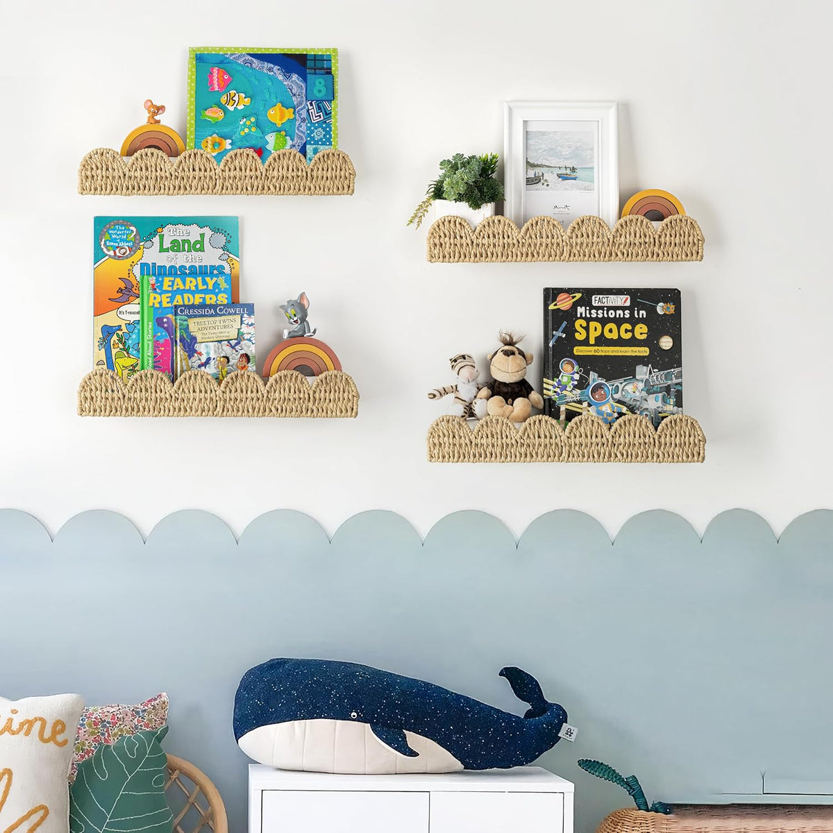 AELS Scalloped Nursery Bookshelf, Set of 4, Picture Ledge Shelf for Wall Decor, Woven Straw Paper Floating Shelves for Books, Toys, Photo Frames, Nursery, Boho Modern Farmhouse Book Shelf, Beige