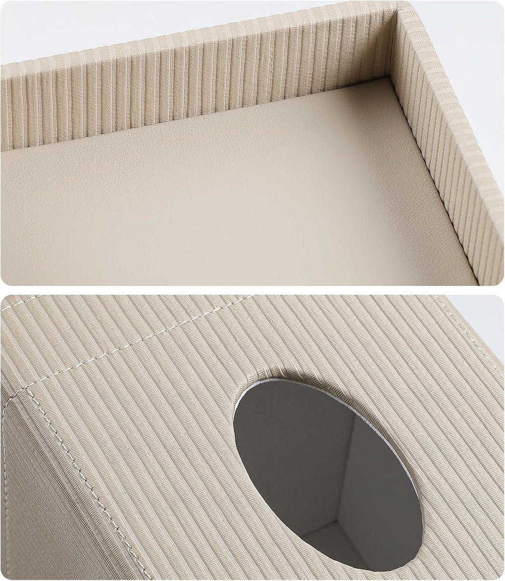 Square Tissue Box Cover with Storage Tray, Tissue Box Organizer, Beige