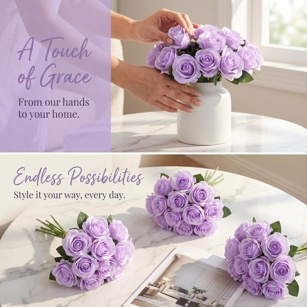 52pcs Lavender Roses Artificial Flowers Fake Flowers Silk Roses with Stems for DIY Wedding Bouquets Bridal Shower Centerpieces Arrangements Party Decorations