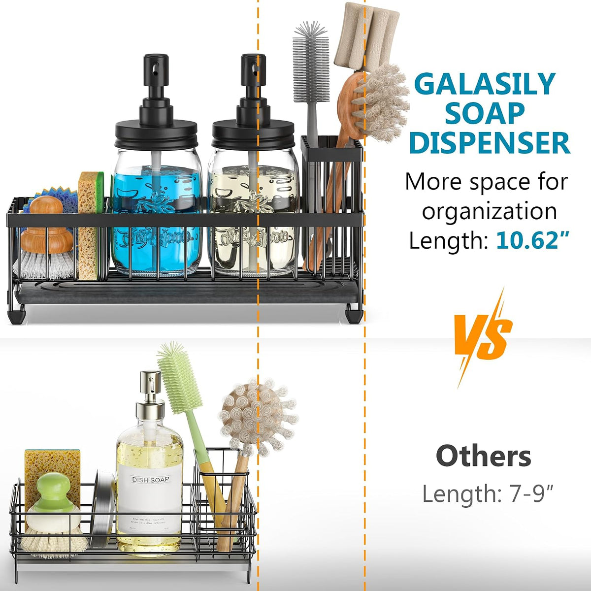 Galasily Mason Jar 16 oz Liquid Soap Dispensers Set with Large Kitchen Sink Caddy, Black Rustproof Stainless Steel Pump, Refill Hand Soap, Dish Soap, Vintage Farmhouse Decor for Bathroom, Kitchen