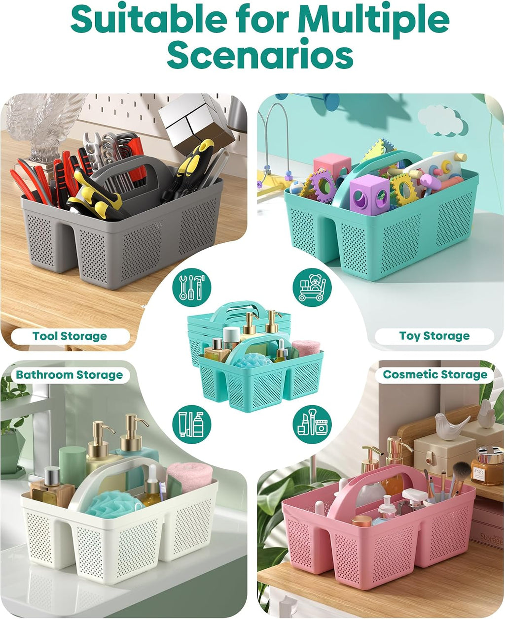 Portable Shower Caddy with Handle - 4 PCS, BPA-free, Teal