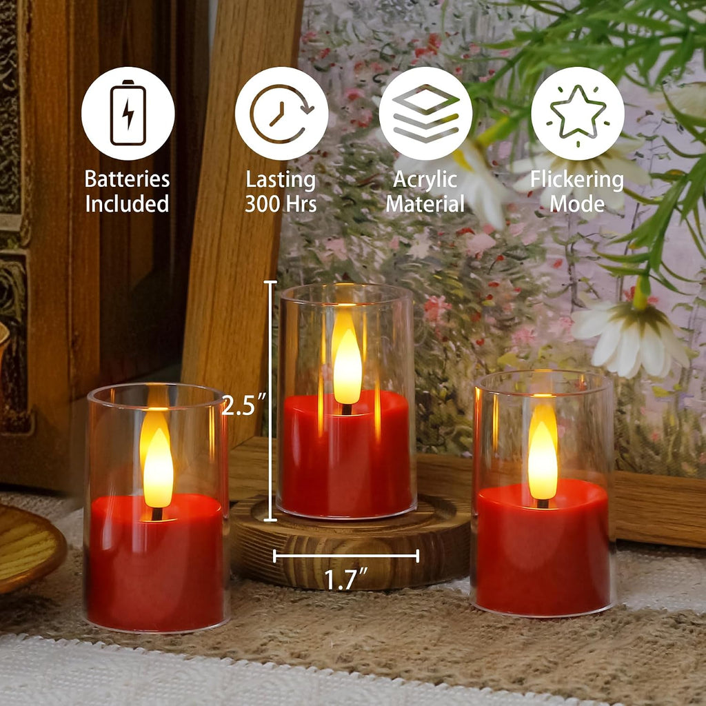 Yeelida 8pcs Battery Operated 1.7" x2.5" Clear Acrylic Remote LED Tea Lights, Flameless 2/4/6/8h Timer Fake Red Bulk Votive Candles with Batteries, Flickering Warm Light Pure Plastic Tealights