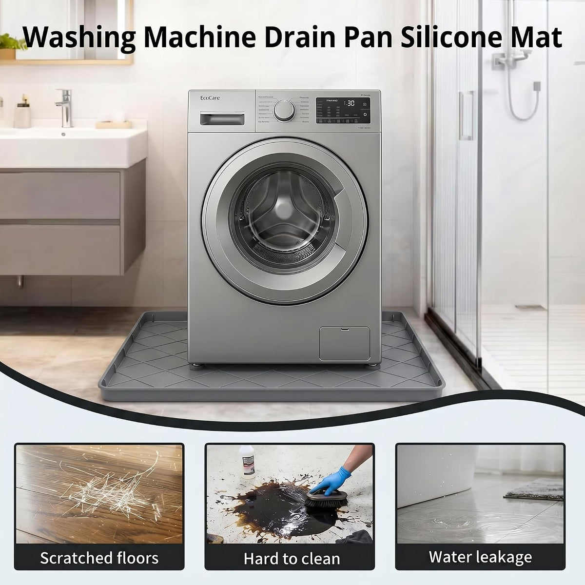 Washing Machine Drain Pan Silicone Mat, 32"x30" 1" Raised Edges Non-Slip Waterproof Washer Drip Tray for Under Washer & Dryer,Anti-Vibration Floor Protector for Refrigerator,Water Dispenser