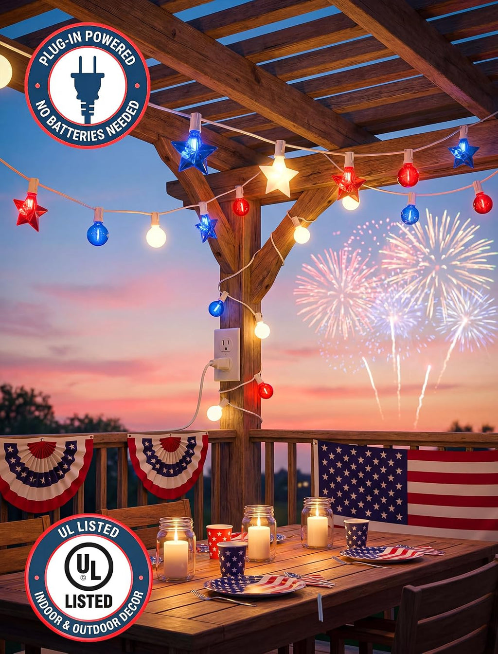 4th of July Red White and Blue Lights String, 25FT 20 LED Patriotic Star G40 Globe Decorations for Independence Day Outdoor Decor, Memorial Day Fourth of July Lights for Home Window Porch, White Wire