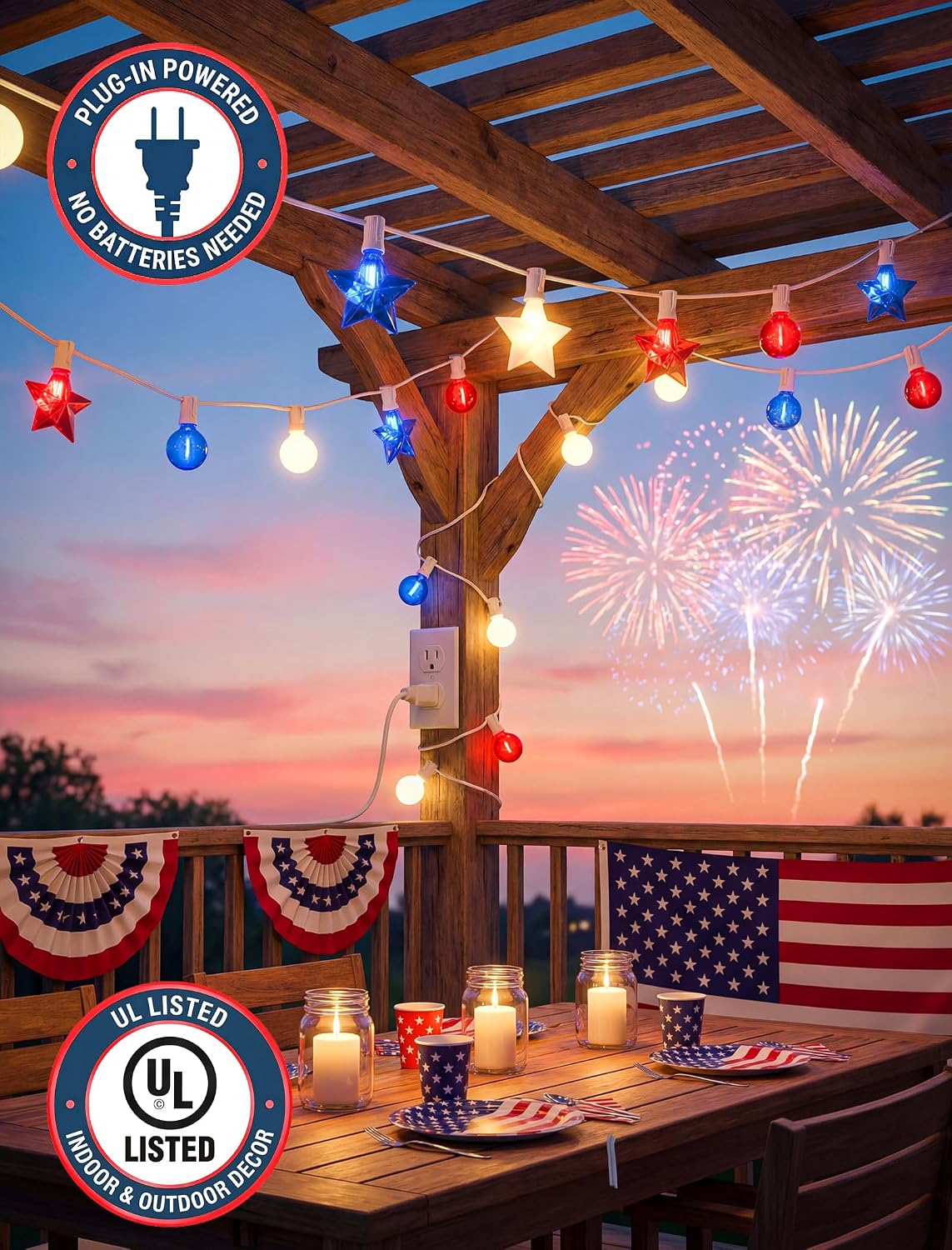 4th of July Red White and Blue Lights String, 25FT 20 LED Patriotic Star G40 Globe Decorations for Independence Day Outdoor Decor, Memorial Day Fourth of July Lights for Home Window Porch, White Wire