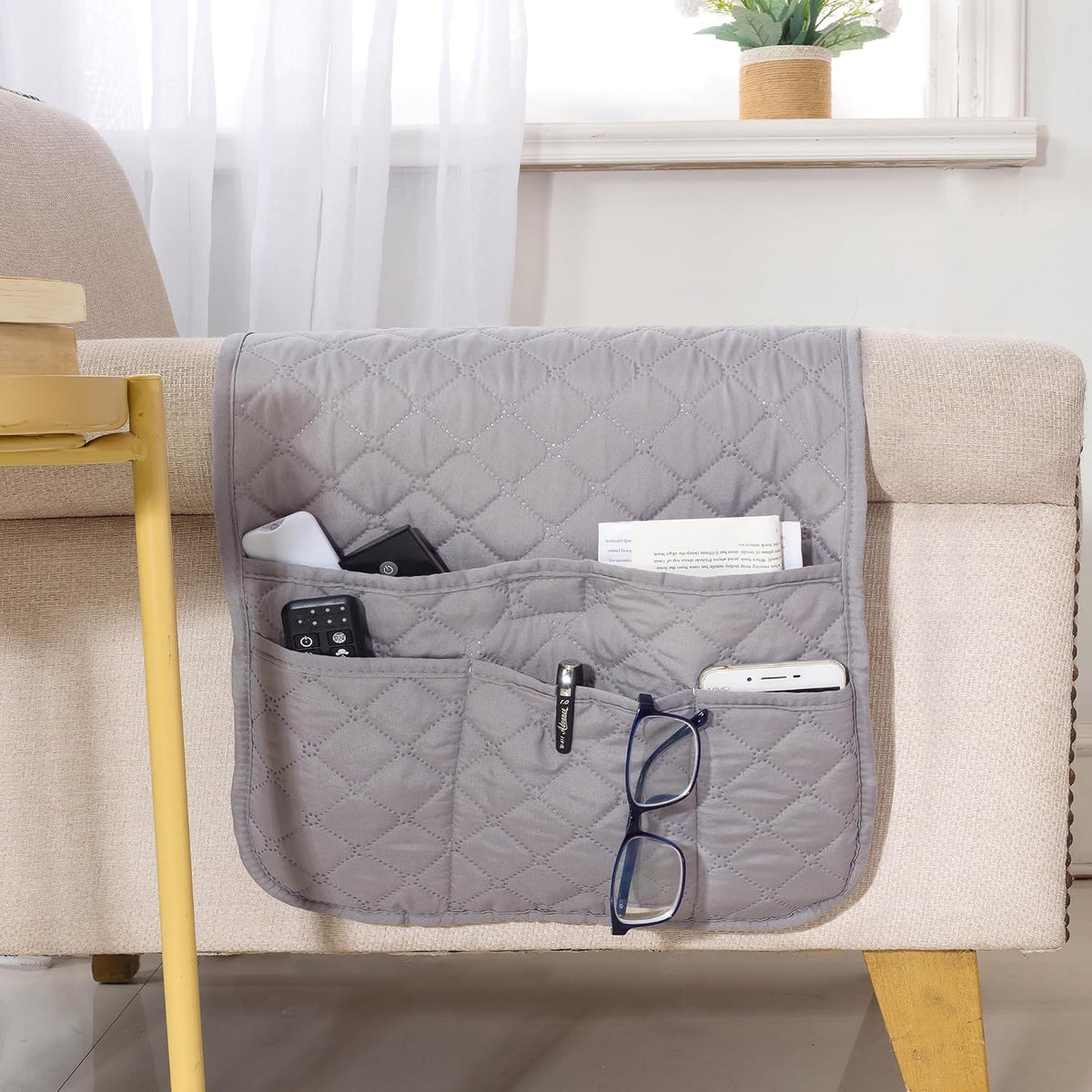 Armchair Caddy for Couch Remote Control Holder with 4 Pockets, Grey 1 Pack