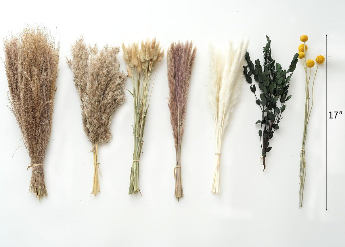 Natural Dried Pampas Grass Bouquet (103-Piece) for Boho Wedding & Home Decor - Farmhouse Centerpiece with Eucalyptus, White/Brown, 14-17 Inches