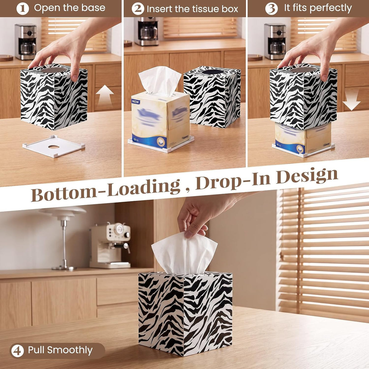 SquareTissue Box Cover, Classic Zebra Print, Bold Monochrome Zebra Design