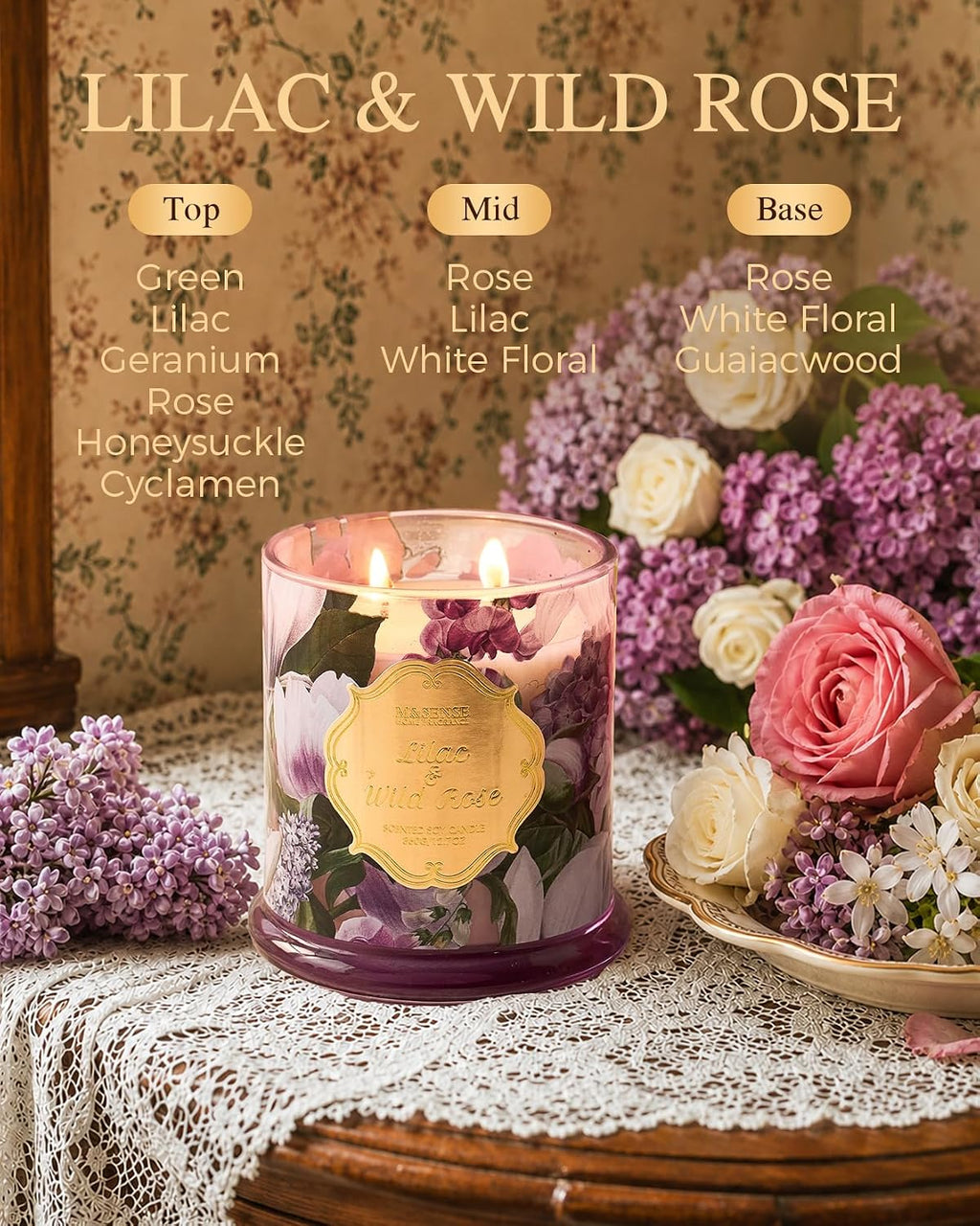 M&SENSE Lilac Wild Rose Non Toxic Large Soy Candle, 12.7oz Romance Scent