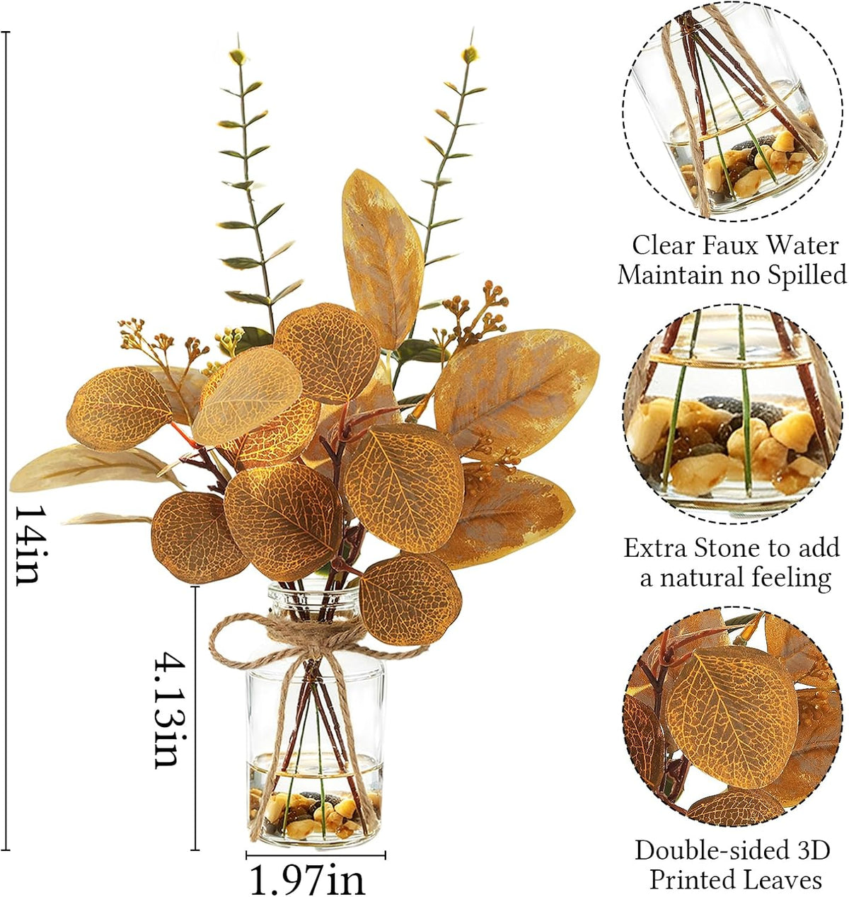 2 Packs 14" Fall Artificial Eucalyptus Stems in Glass Vase with Faux Water