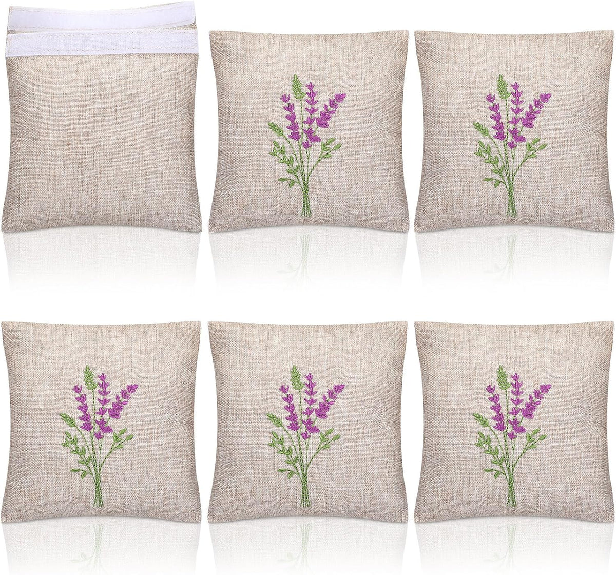 SATINIOR 6 Pack 6x6 Inch Embroidered Lavender Sachet Bags Sachet Empty Bags with Hook and Loop Fasteners Cotton Linen Pouch for Filling Spice Jewelry for Wedding