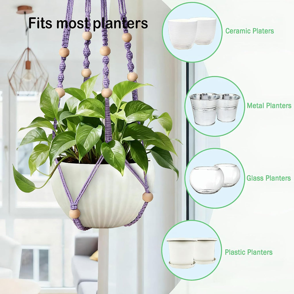35 Inch Macrame Plant Hanger, Hanging Planter Basket with Wood Beads, Decorative Flower Pot Holder for Indoor Outdoor Boho Home Decor, Set of 2 (Purple)