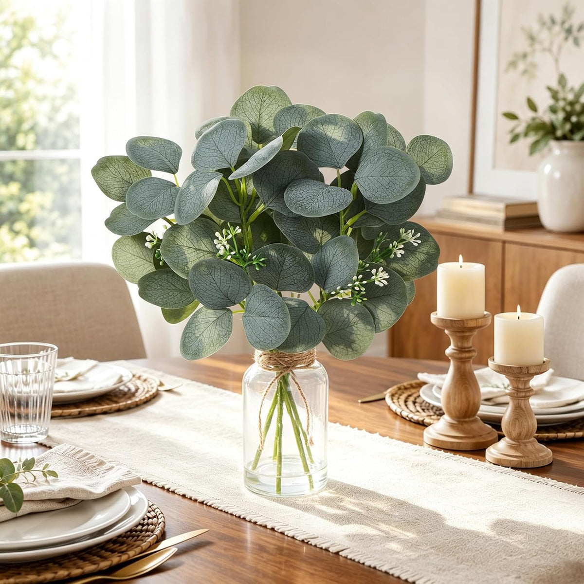 Artificial Eucalyptus Stems In Glass Vase, Fake Plants with Faux Water