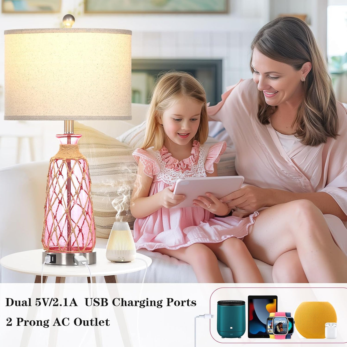 Ruzectt 25.5" Coastal Glass Table Lamps Set of 2, 3-Way Dimmable Touch Control Bedside Lamps with 2 USB Ports and AC Outlet, Pink Nautical Nightstand Lamps for Bedroom Living Room (LED Bulbs Included)
