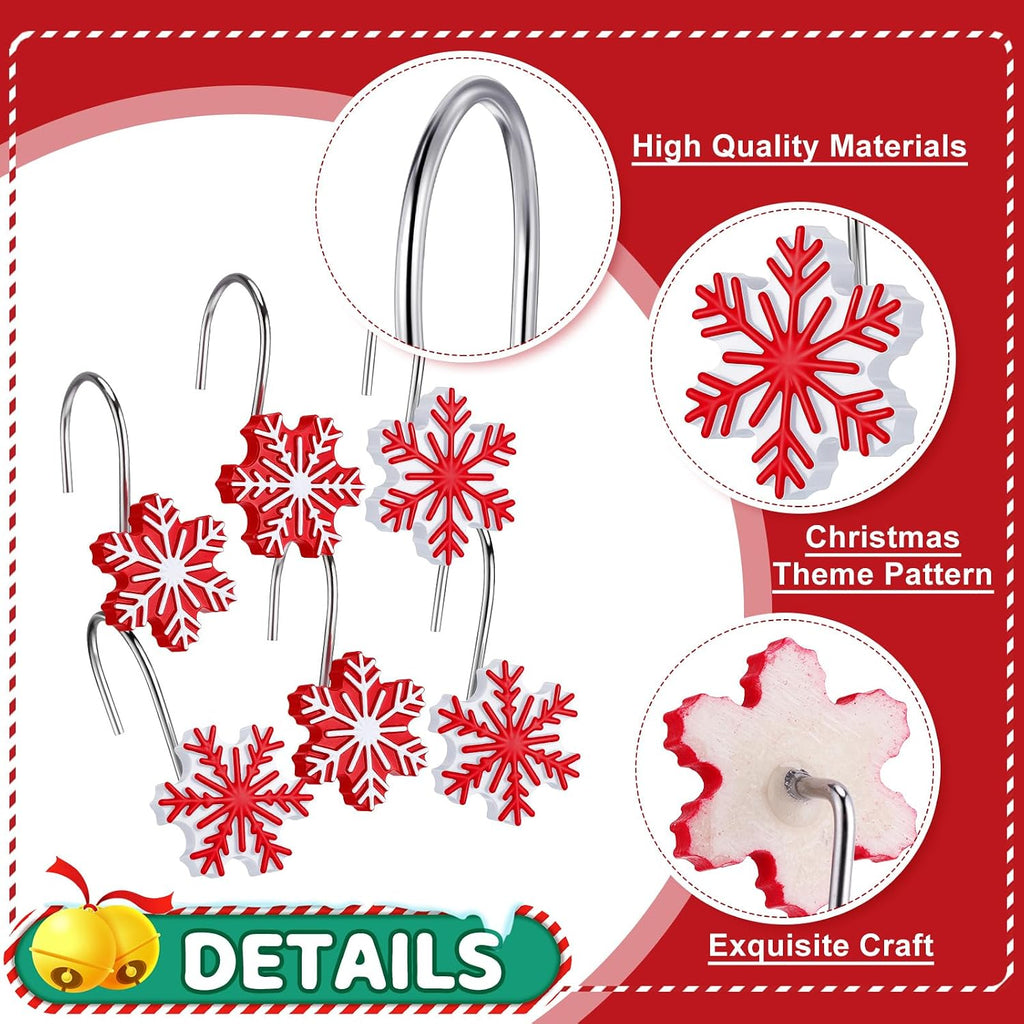 CroBlissful 12 Pcs Christmas Winter Snowflake Shower Curtain Hooks 4 Styles Snowflakes Curtain Hangers Hooks Red White Winter Decorative Rings for Bathroom Restroom Rods Wall Decor