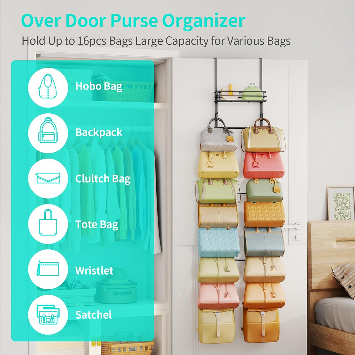 HapiRm Over the Door Purse Organizer - Wall Mounted Purse Rack with 16 Hooks and Metal Basket, Hanging Handbag Organizer Holds up to 16 Bags, Bag Rack Can Use As 1/2 Part, for Door, Closet (Black)