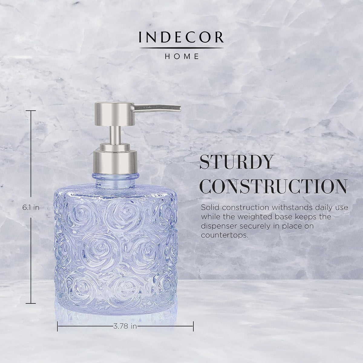 Marcella Glass Soap Dispenser with Soap Pump, Refillable 14 Ounce Capacity, Floral Design Rose Patterns, Heavy Weight Thick Glass for Bathroom, Premium Kitchen Soap Dispenser Cornflower Blue