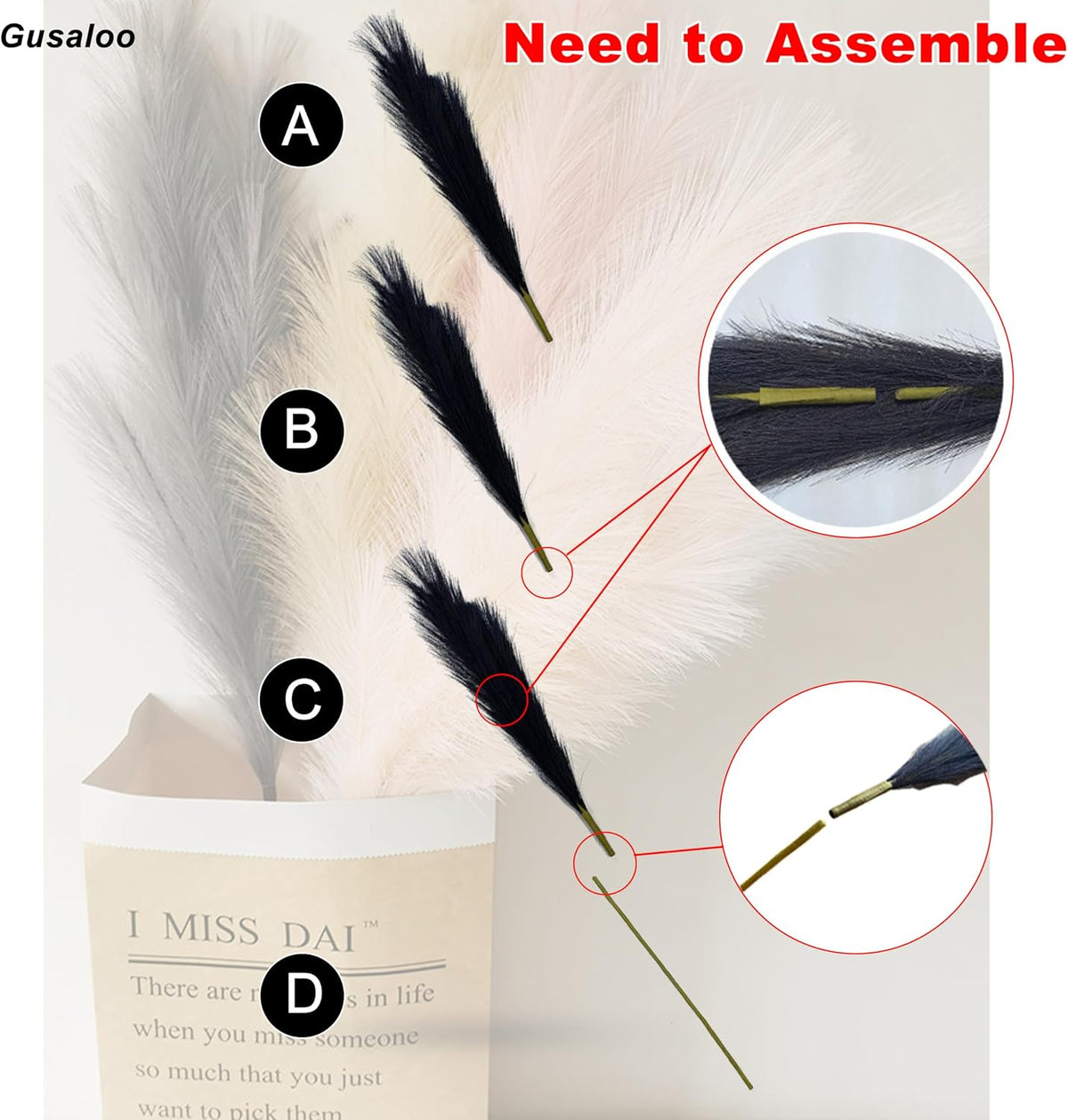 6 Pcs Artificial Pampas Grass Large, 47"/120cm Fake Faux Artificial Pampas Grass Decor Tall Stems, Fluffy Pompous Pompass Branch Floor Vase Filler for Home Kitchen Decor Boho Decor Wedding-Black