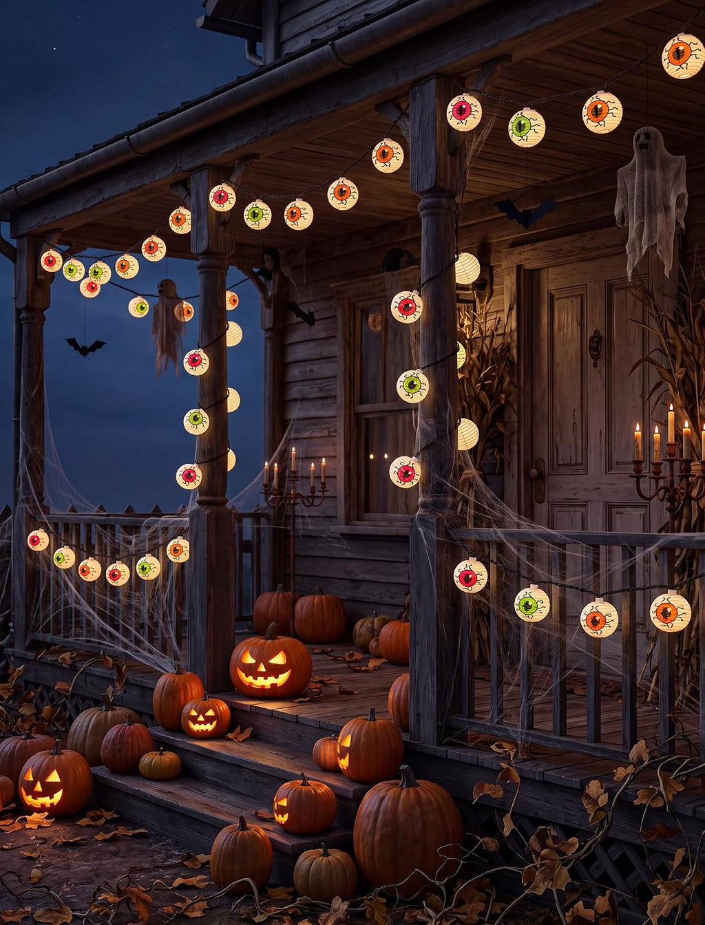 Halloween Lantern String Lights, 8.5Ft LED White Eye Lantern String Lights Plug in, 10 Halloween Lanterns String Light Connectable Indoor/Outdoor Decoration