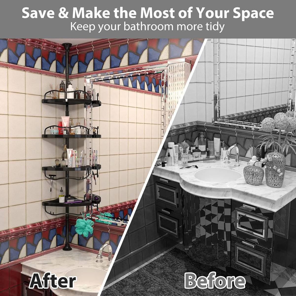 Shower Caddy,Shower Caddy Tension Pole with 4 ABS Baskets,Shower Storage Shelf with 56 to 125 Inch Adjustable Stainless Pole for Bathroom Black