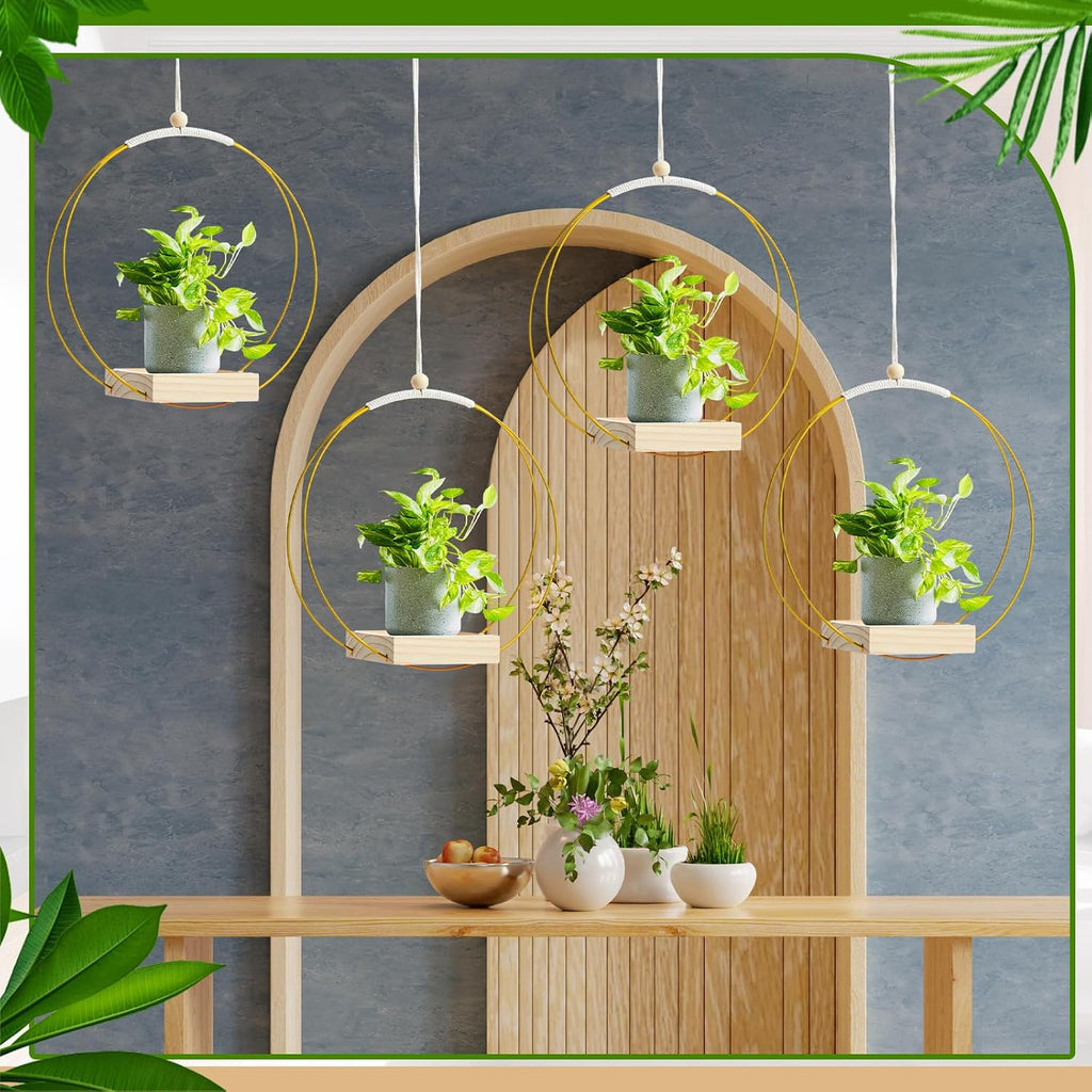 Geelin 4 Pcs Hanging Plant Holder with Wood Base Window Planter Boho, Gold