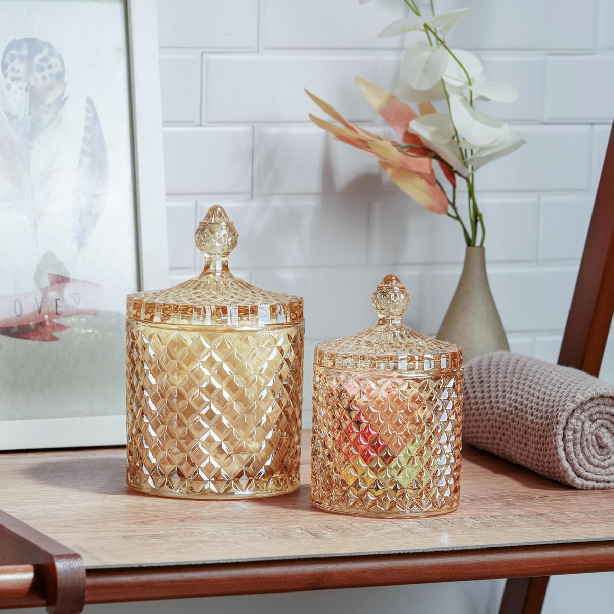 2 Pack Glass Qtip Holder, Apothecary Jars with Lids Bathroom Storage