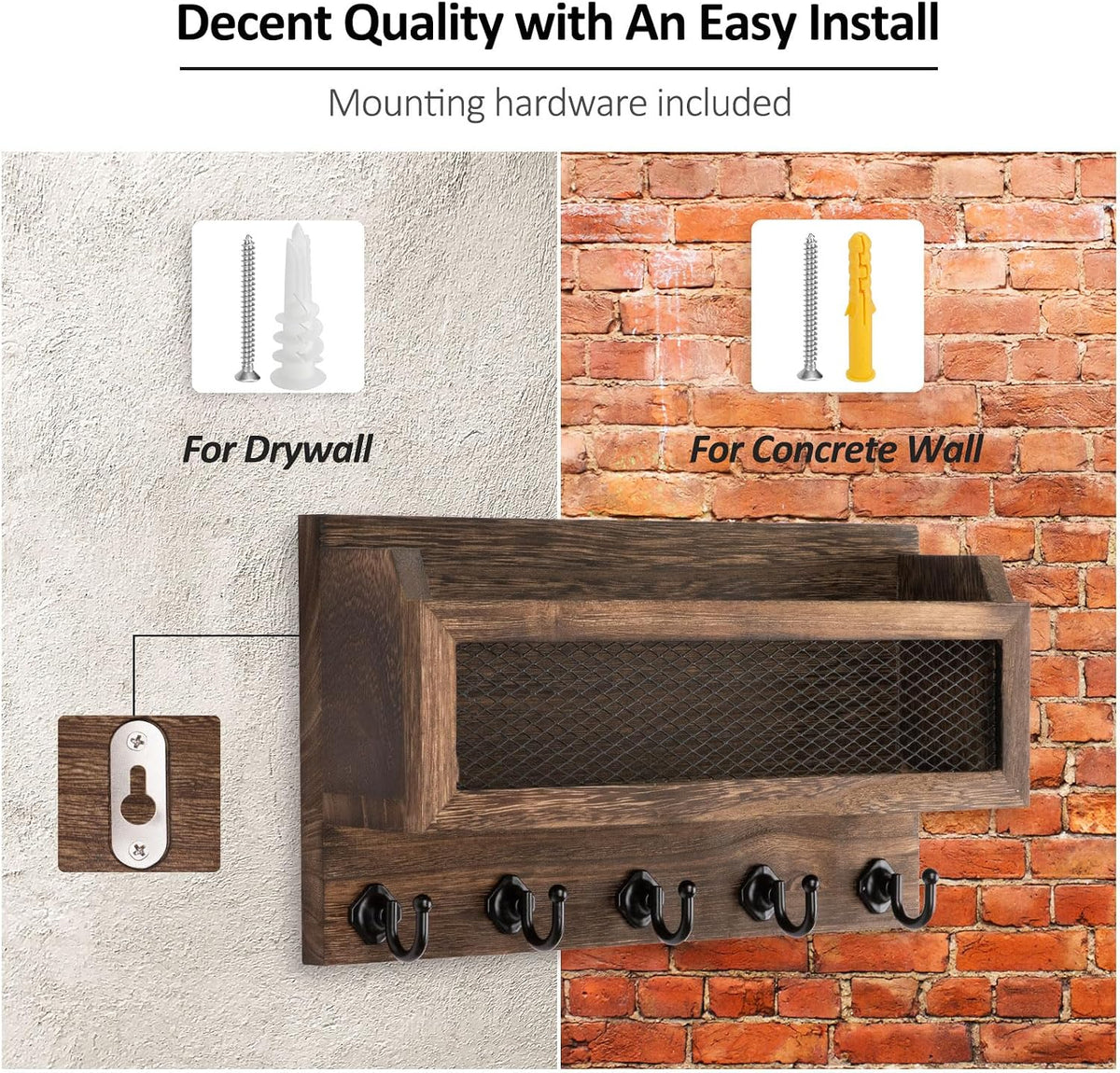 Nekon Mail and Key Holder for Wall Decorative, 11 Inch Mail Holder, Brown