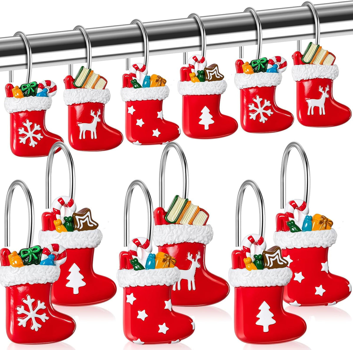 Yungyan 12 Pcs Christmas Shower Curtain Hooks Stocking Curtain Hangers