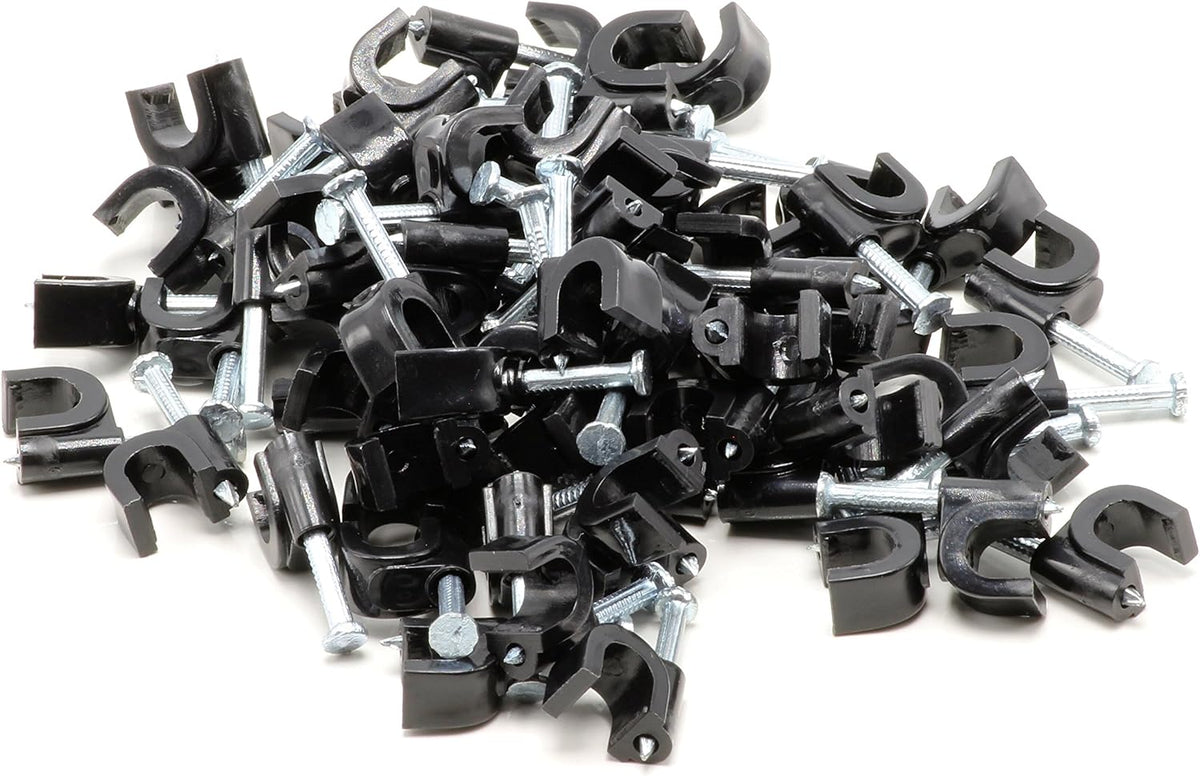 THE CIMPLE CO Single Coaxial Cable Clips 1/4 in - Indoor/Outdoor Cable Fasteners for Coax, Ethernet, CAT, Wires, and Tubing - Wire Clips with Nails 1/4 Inch (6mm) - 50 PCS, Black