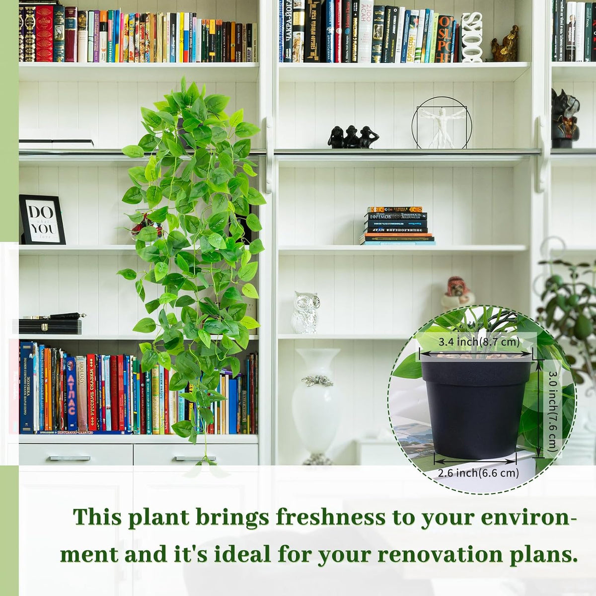 Artificial Hanging Plants with Black Pot, 39.37" Faux Pothos Trailing Vines, Potted Fake Greenery Indoor for Home Bathroom Bedroom Wall Shelf Decor