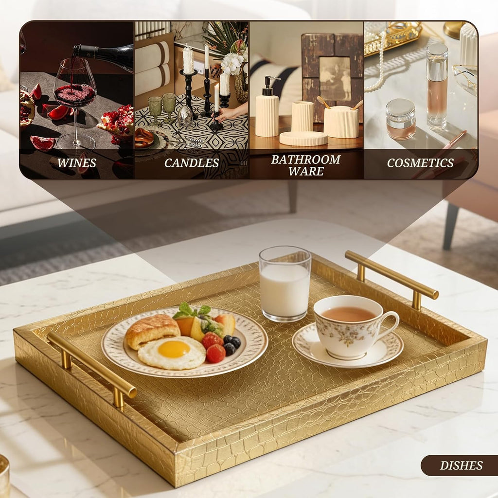 SXNOWS Faux Leather Serving Tray with Gold Handles, Glossy Gold