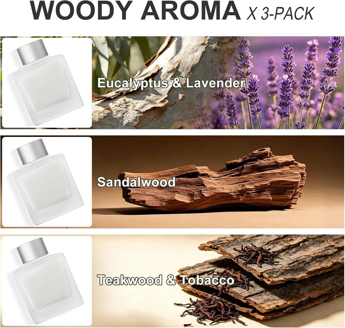 Reed Diffuser Set of 3, Long-Lasting Woody Home Fragrance