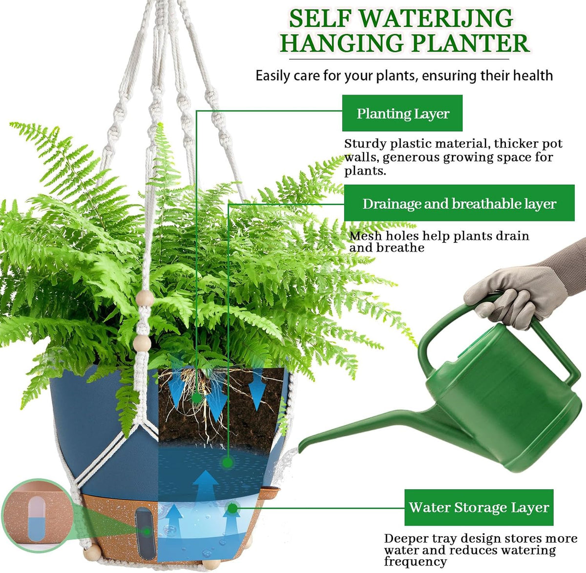 10 Inch Self Watering Hanging Planters for Indoor Plants, 2 Pack