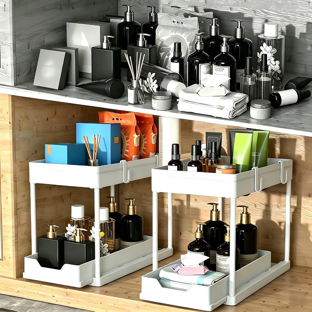 DEKAVA Cabinet, 2 Pack Under Sink Organizer, 2 Tier Sliding Bathroom Kitchen Organizer, Large White ABS Baskets, Easy Install & Clean