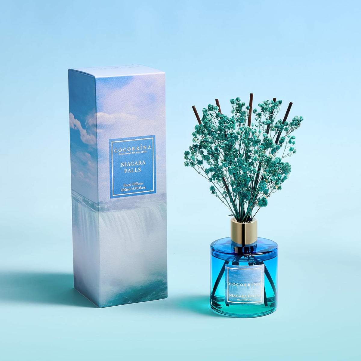 COCORRÍNA Reed Diffuser - Niagara Falls 6.7 Fl.oz Reed Diffuser Set with 8 Sticks & Preserved Baby's Breath, Reed Diffuser for Home Bathroom Shelf Decor