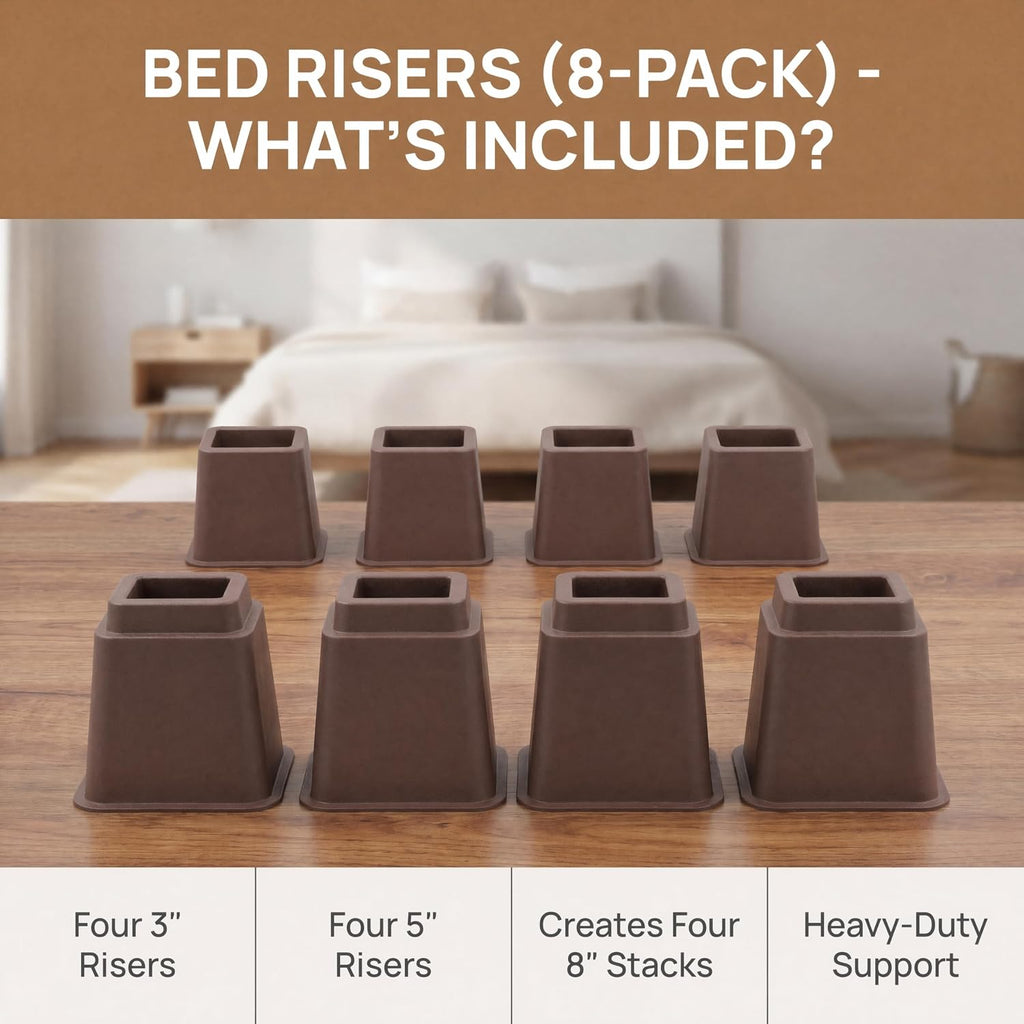 Bed Risers 8-Pack - Stackable Furniture Lifts for 3, 5 or 8 Inch Adjustable Height, 2200 Lbs Capacity Brown Square Sofa and Desk Elevators for Under Bed Storage