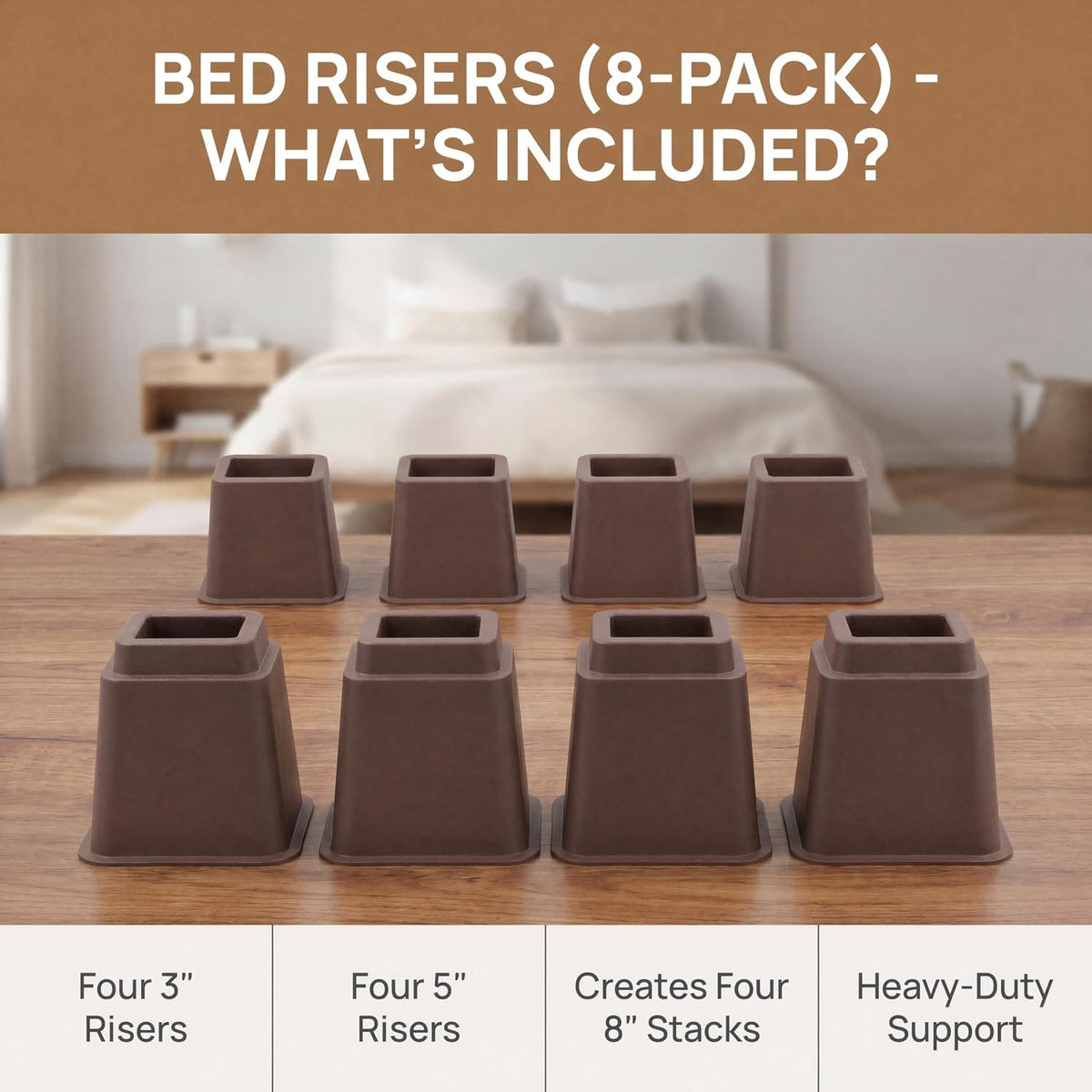 Bed Risers 8-Pack - Stackable Furniture Lifts for 3, 5 or 8 Inch Adjustable Height, 2200 Lbs Capacity Brown Square Sofa and Desk Elevators for Under Bed Storage