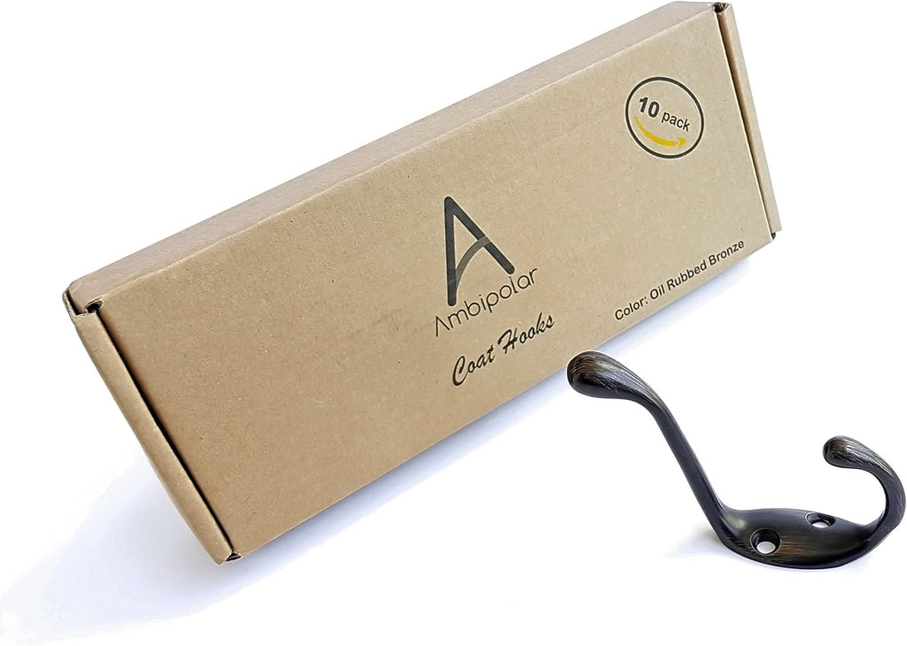 Ambipolar Heavy Duty Metal Decorative Dual Coat Hook Type-2 / Hat Hook - Wall Mounted (0.7" Screws Included), Wall Hook, Double Coat Hanger, 10 Pack (Oil Rubbed Bronze).