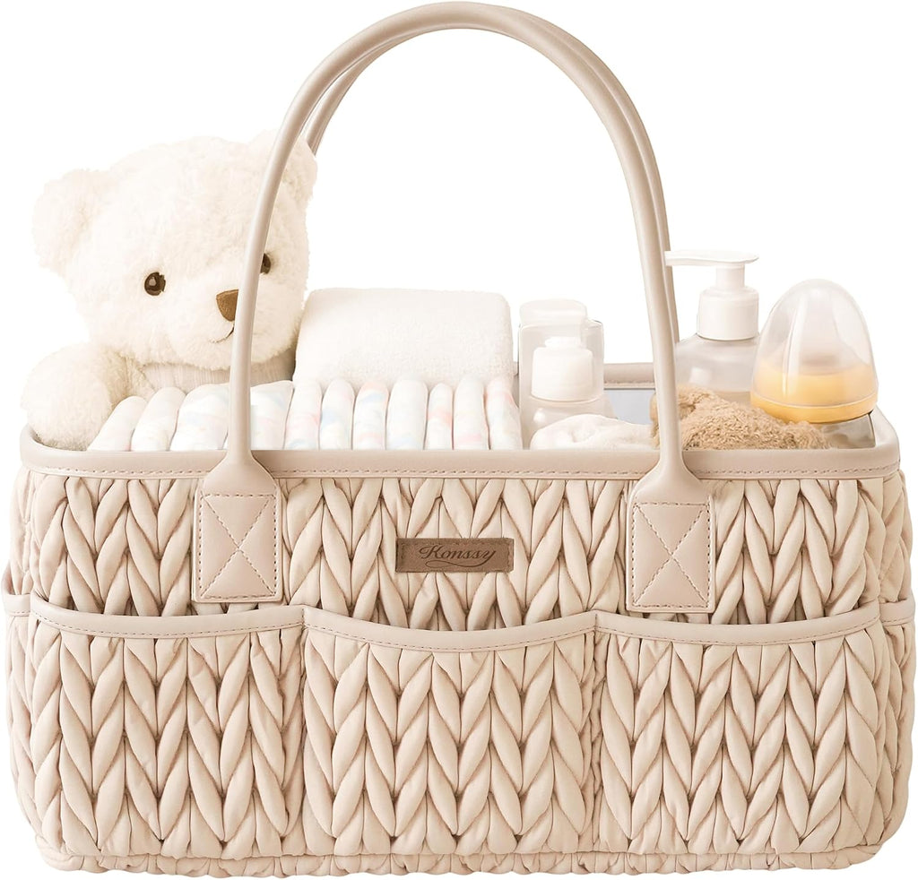 Konssy Baby Diaper Caddy Organizer, Braided Quilted Design with PU Handles