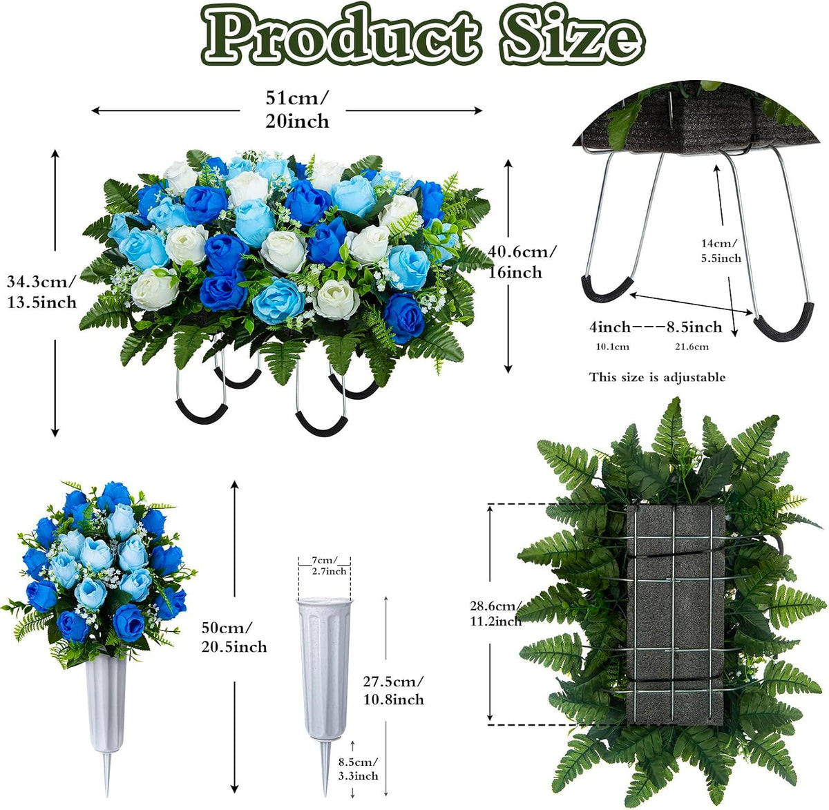Artificial Cemetery Flowers Saddle Grave Memorial Rose Flowers with Vase for Cemetery Headstones Gravesites Decoration (White&Blue, 1 Saddle & 2Bouquets with Vase)