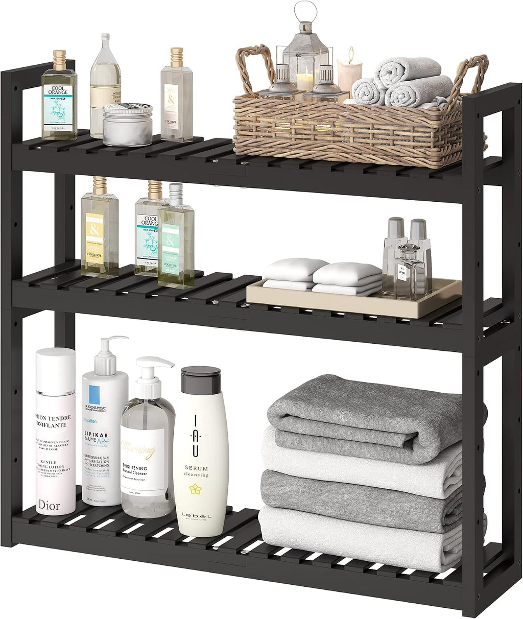 Bathroom Shelf Bamboo Organizer Rack Adjustable 3-Tier Storage Shelf Wall Mounted Storage Rack Over The Toilet Utility Shelves Living Room Kitchen Shelf(Black)
