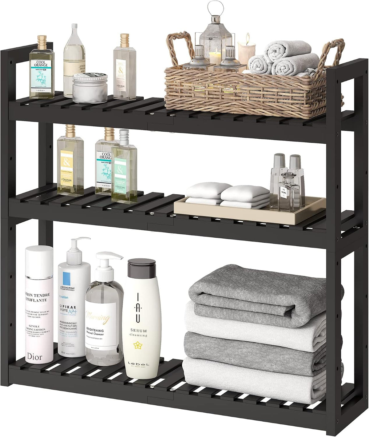 Bathroom Shelf Bamboo Organizer Rack Adjustable 3-Tier Storage Shelf Wall Mounted Storage Rack Over The Toilet Utility Shelves Living Room Kitchen Shelf(Black)