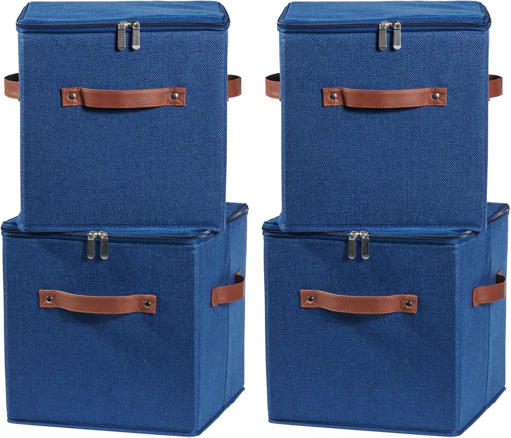 4PCS Storage Cubes with Lids Cotton Linen Fabric Bins Boxes