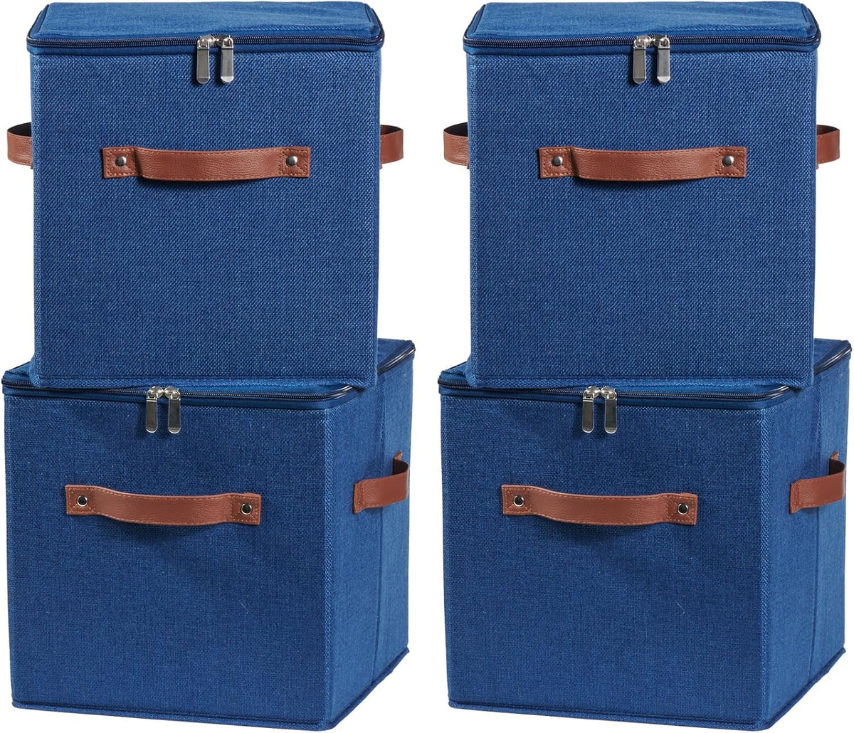 4PCS Storage Cubes with Lids Cotton Linen Fabric Bins Boxes