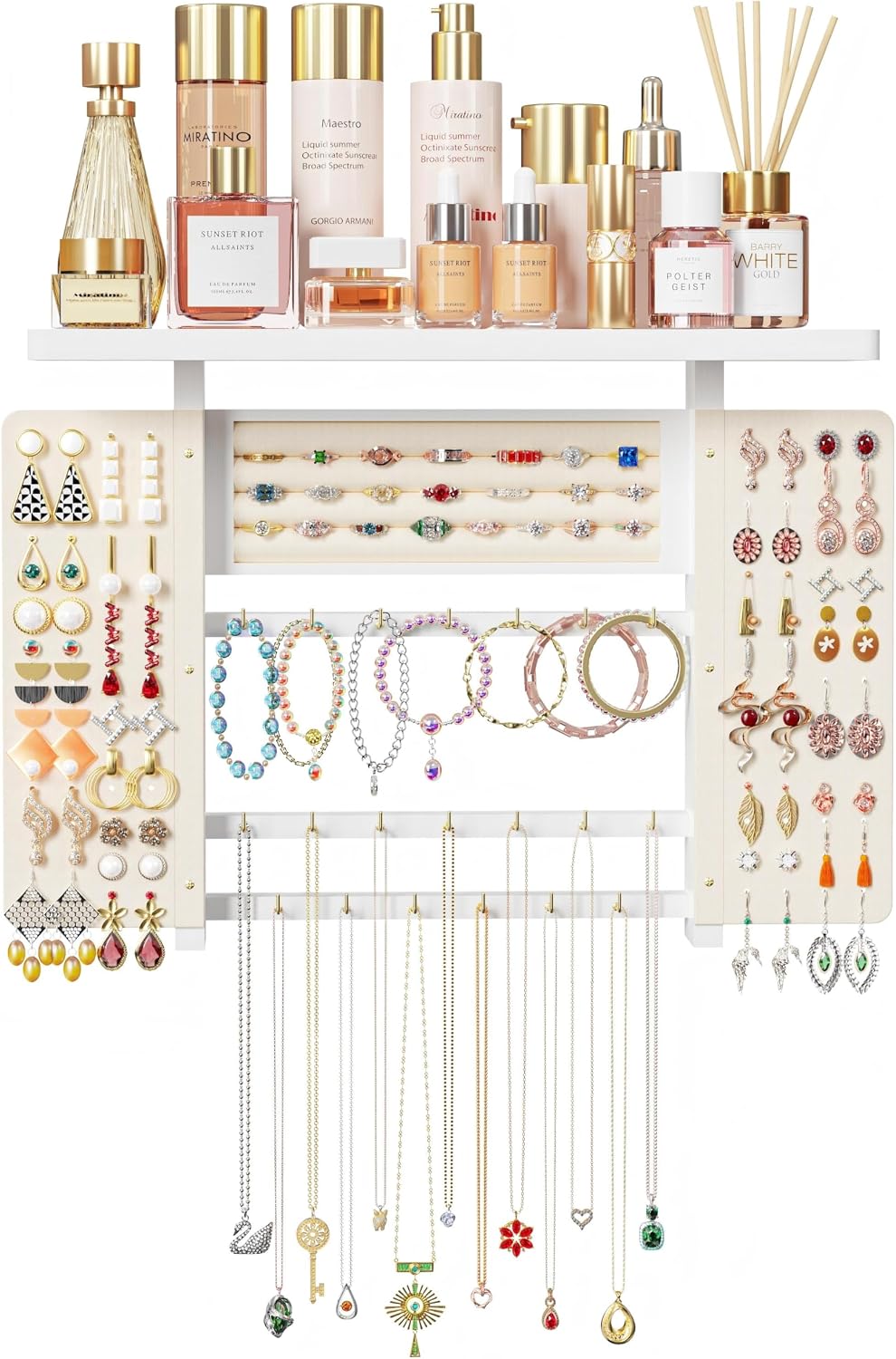 Emfogo Jewelry Organizer Hanging Wall Mounted Jewelry Holder, 5-in-1 Large Capacity Necklace Organizer Wall Hanging Jewelry Display for Ring, Necklaces, Bracelets, Earrings (White)