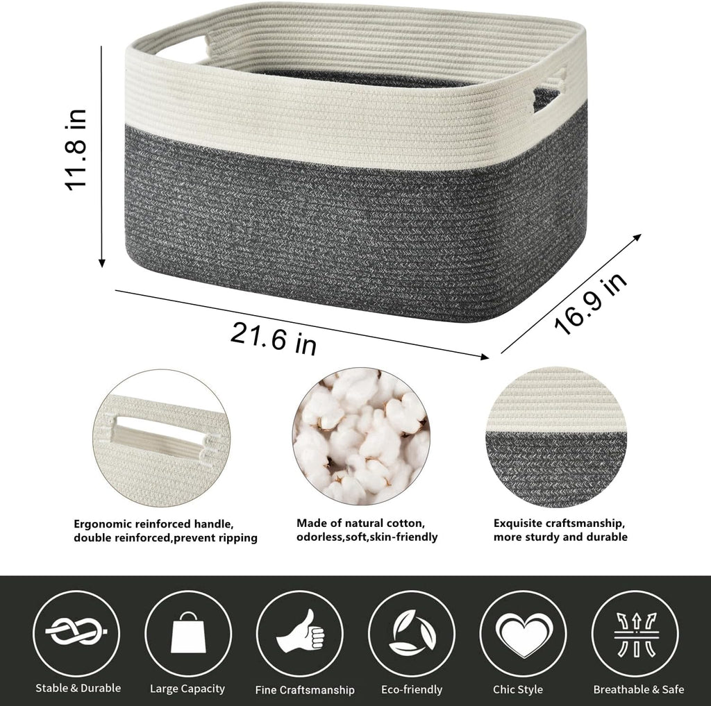 Issudata Large Blanket Basket, Rectangle Woven Baskets for Storage, Blanket Storage for Living Room, Cotton Rope Basket for Toys，Big Storage Basket for Blankets