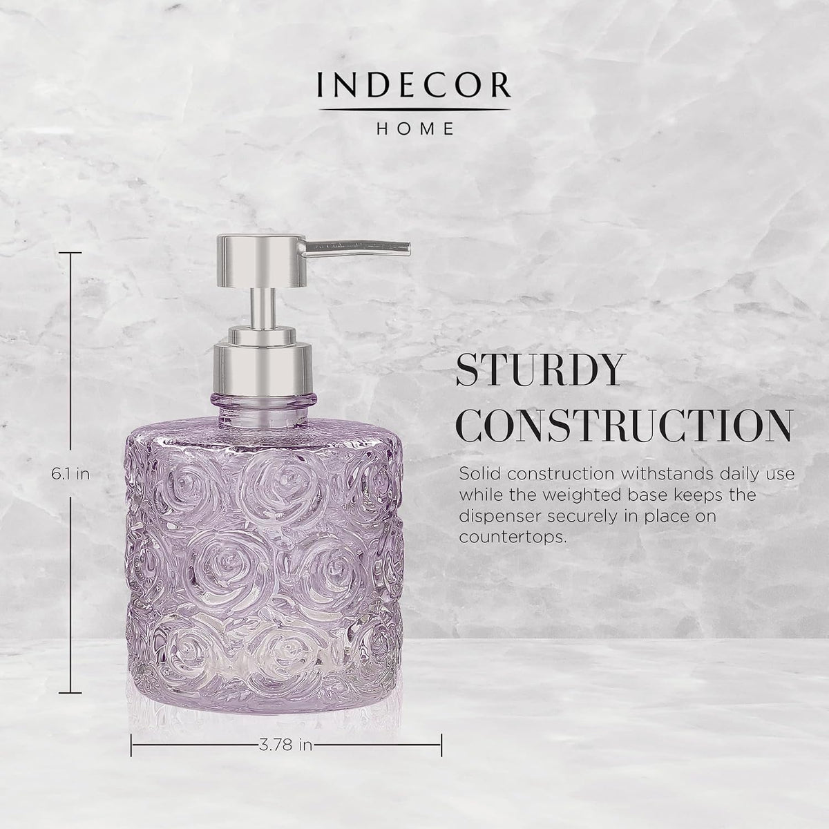 Marcella Glass Soap Dispenser with Soap Pump, Refillable 14 Ounce Capacity, Floral Design Rose Patterns, Heavy Weight Thick Glass for Bathroom, Premium Kitchen Soap Dispenser Lavender